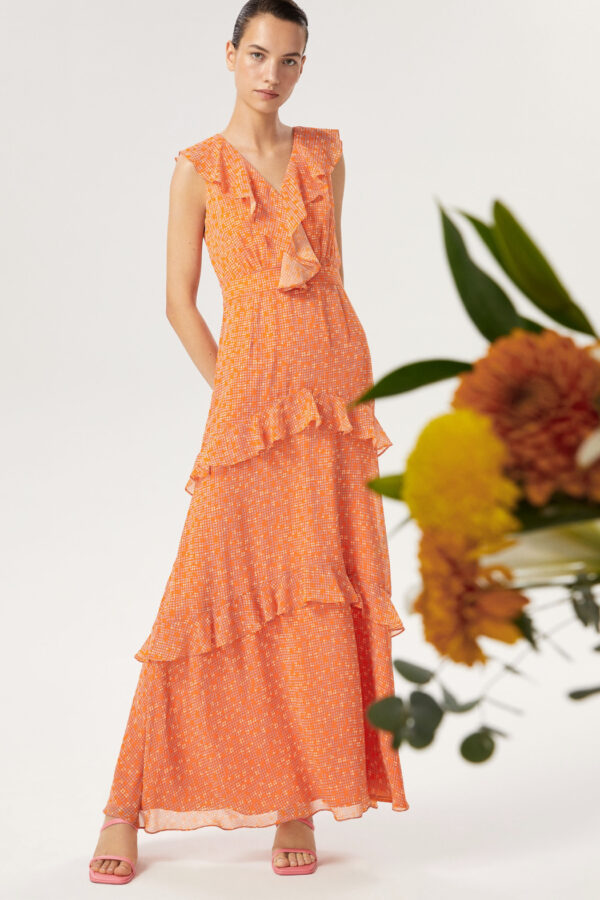 Robe longue à volants imprimé orange – Image 4