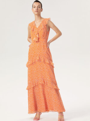 Robe longue à volants imprimé orange