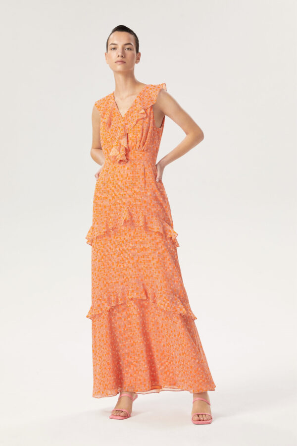 Robe longue à volants imprimé orange